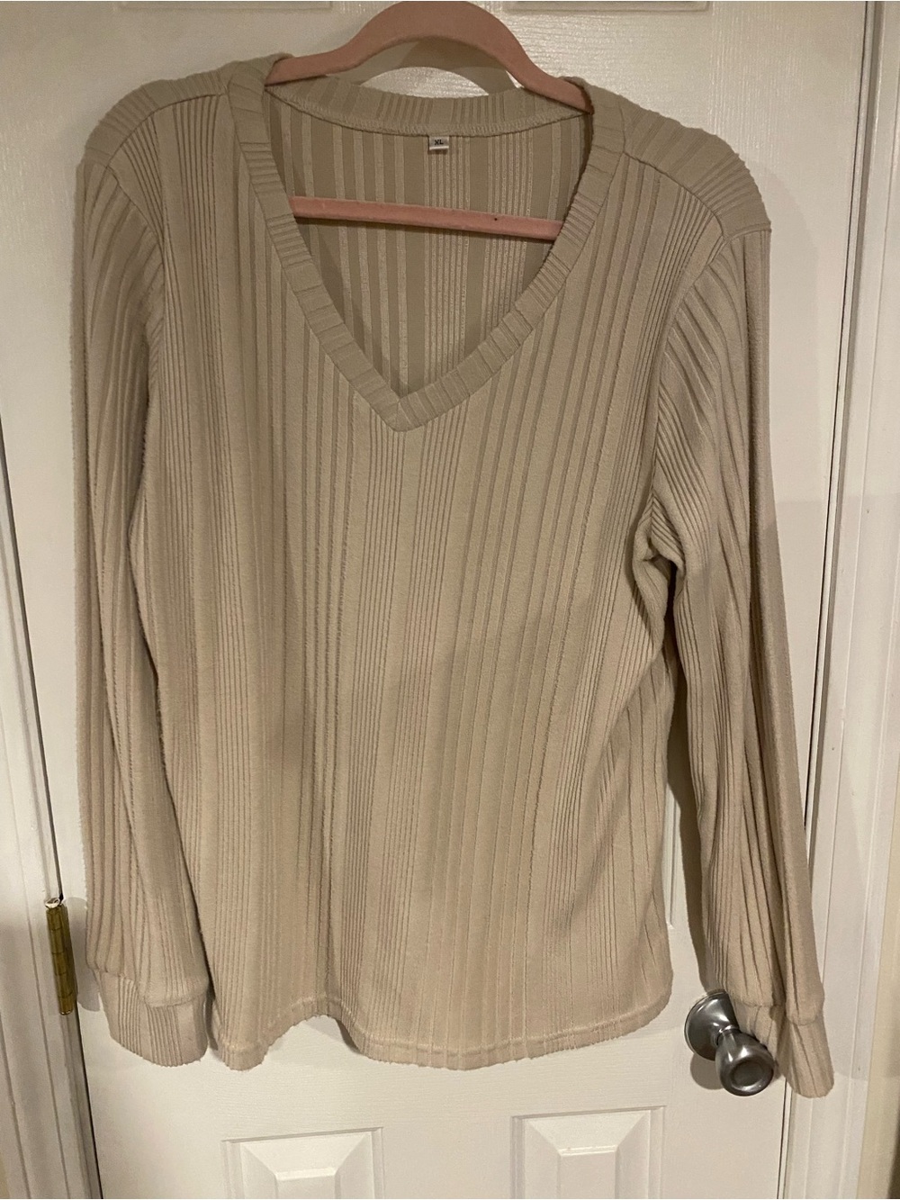 Amazon Women's Ribbed V-Neck Long Sleeve Top - Tan
